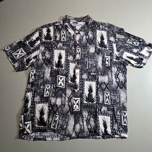 Pacific Scene Mens XL Hawaiian Shirt Pineapple Tribal Print Rayon Black White